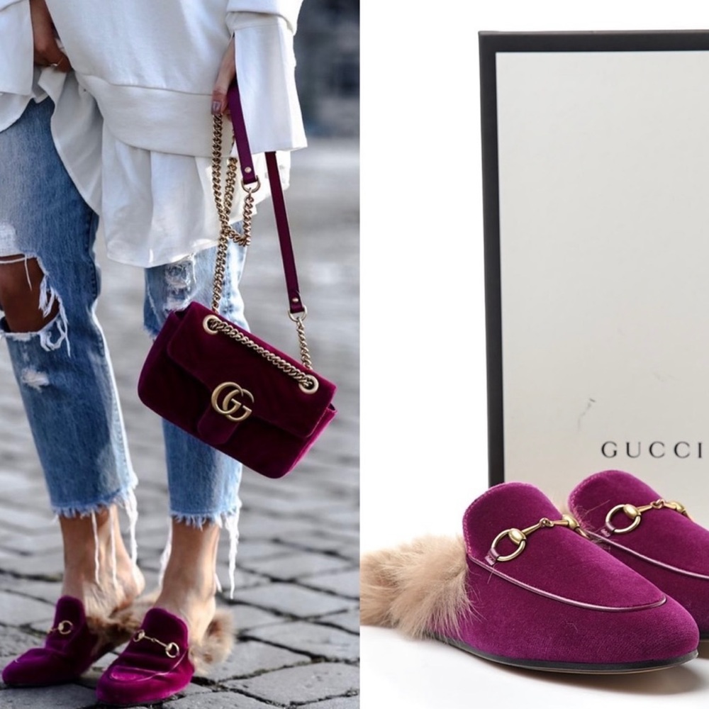 Gucci purple velvet princetown loafers